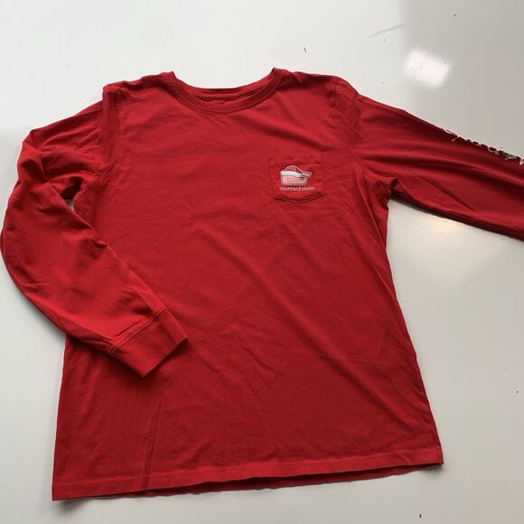 Adult Unisex M Vineyard Vines Red LS Christmas Whale Pocket Tee Shirt - Picture 2 of 9